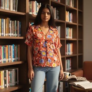 CAbi Vibrant Floral Blouse in Red and Blue